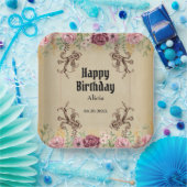 ヴィンテージマルーン金ゴールドフラワーパーチメント誕生日 ペーパープレート (パーティー)