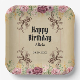 ヴィンテージマルーン金ゴールドフラワーパーチメント誕生日 ペーパープレート