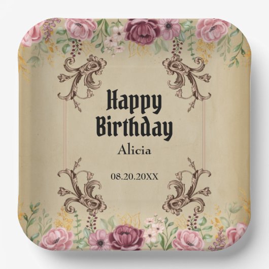 ヴィンテージマルーン金ゴールドフラワーパーチメント誕生日 ペーパープレート (正面)