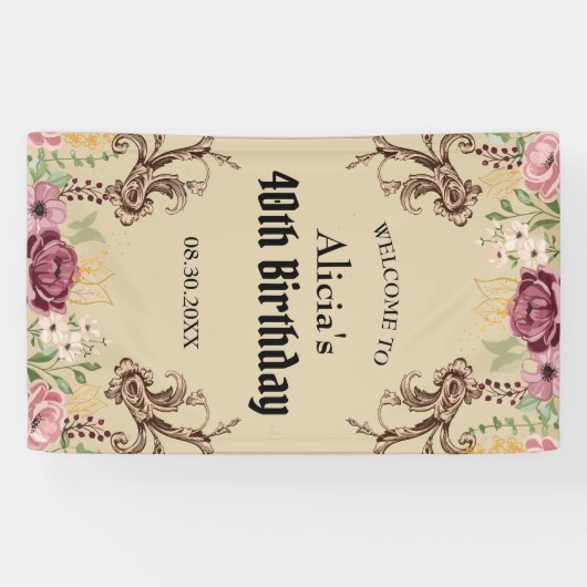 ヴィンテージマルーン金ゴールドフラワーパーチメント誕生日 横断幕 (横)