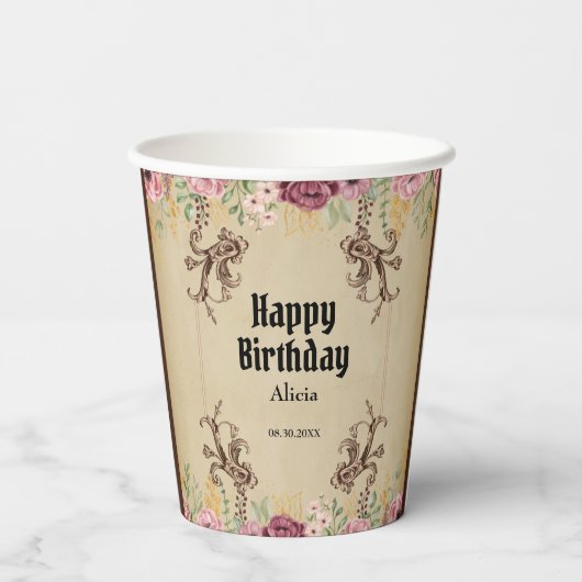 ヴィンテージマルーン金ゴールドフラワーパーチメント誕生日 紙コップ (裏面)