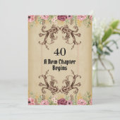 ヴィンテージマルーン金ゴールドフローラパーチメント40歳の誕生日 招待状 (スタンド正面)