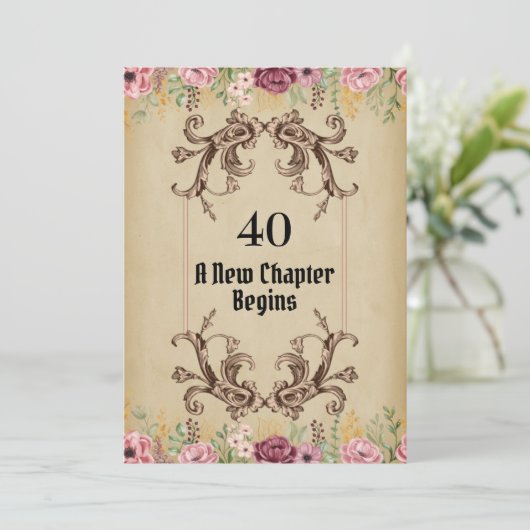 ヴィンテージマルーン金ゴールドフローラパーチメント40歳の誕生日 招待状 (スタンド正面)