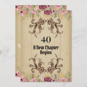 ヴィンテージマルーン金ゴールドフローラパーチメント40歳の誕生日 招待状 (正面/裏面)