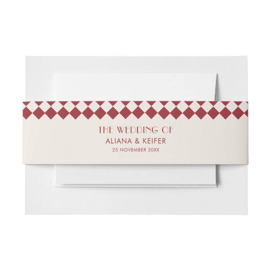 ヴィンテージマルーン&クリームチェッカーボードレトロ結婚 招待状ベリーバンド (正面例)