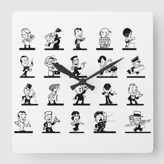 ヴィンテージマンガのレトロな白黒漫画 スクエア壁時計 (正面)
