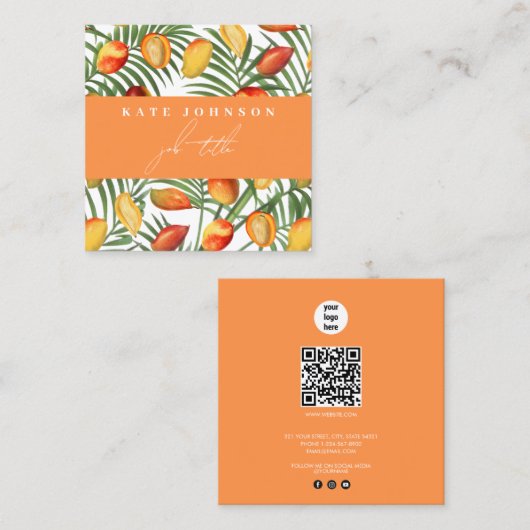 ヴィンテージマンゴー&グリーンQRコードビジネスロゴ スクエア名刺 (正面/裏面)