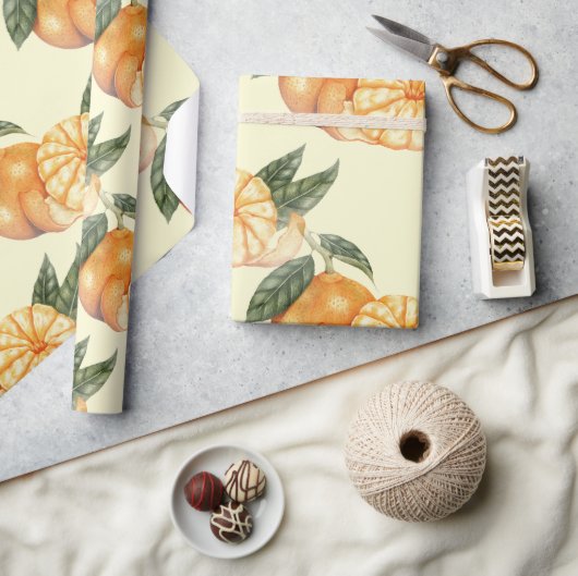 ヴィンテージマンダリンオレンジ柑橘類フルーツパターンクラフト ラッピングペーパー (クラフト)