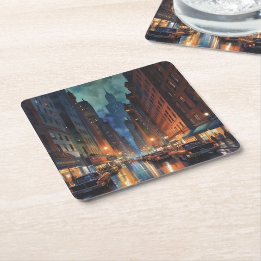 ヴィンテージマンハッタンニューヨークシティナイト絵を描ズ スクエアペーパーコースター (アングル)