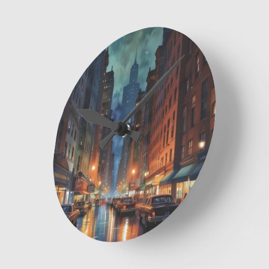 ヴィンテージマンハッタンニューヨークシティナイト絵を描ズ ラウンド壁時計 (傾斜)