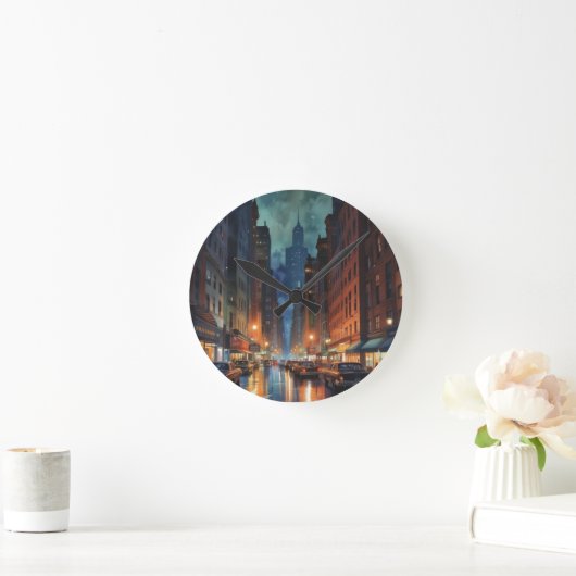 ヴィンテージマンハッタンニューヨークシティナイト絵を描ズ ラウンド壁時計 (ホーム)