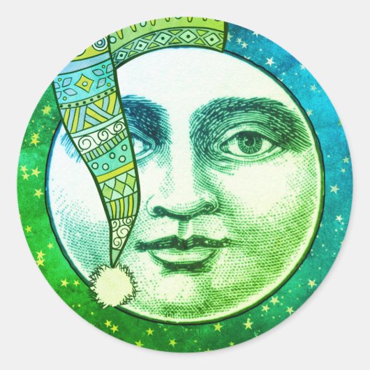 ヴィンテージマンムーンフル顔ブルーグリーンウィンターハット ラウンドシール (正面)