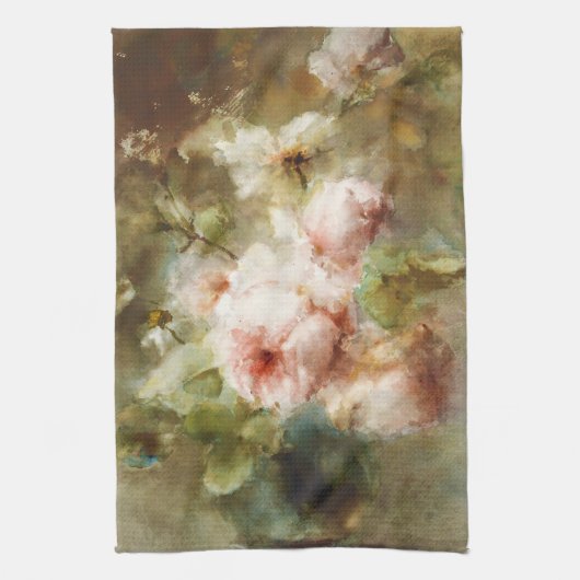 ヴィンテージマーガレタルーゼンブームバラ付きの花瓶 キッチンタオル (縦)