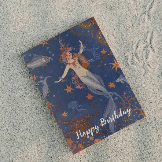 ヴィンテージマーメイドアンダーシーブルーお洒落誕生日 ポストカード