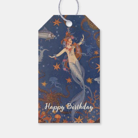 ヴィンテージマーメイドアンダーシーブルー誕生日 ギフトタグ (正面)