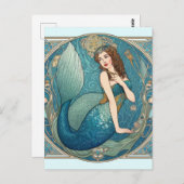 ヴィンテージマーメイドアールヌーボーレトロデコティール（緑がかった色） ポストカード (正面/裏面)