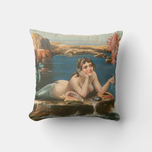 ヴィンテージマーメイドシーシェルビーチターコイズブルーレッド クッション (正面)