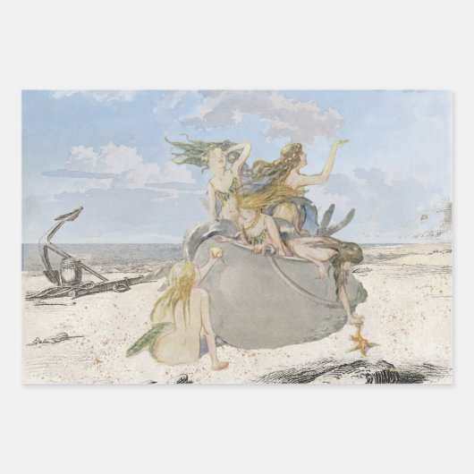 ヴィンテージマーメイドシーシェルビーチヒトデコパージュ  ラッピングペーパーシート (正面)