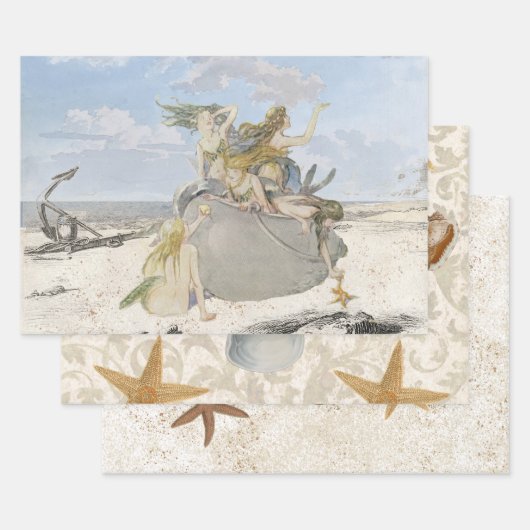 ヴィンテージマーメイドシーシェルビーチヒトデコパージュ  ラッピングペーパーシート (セット)