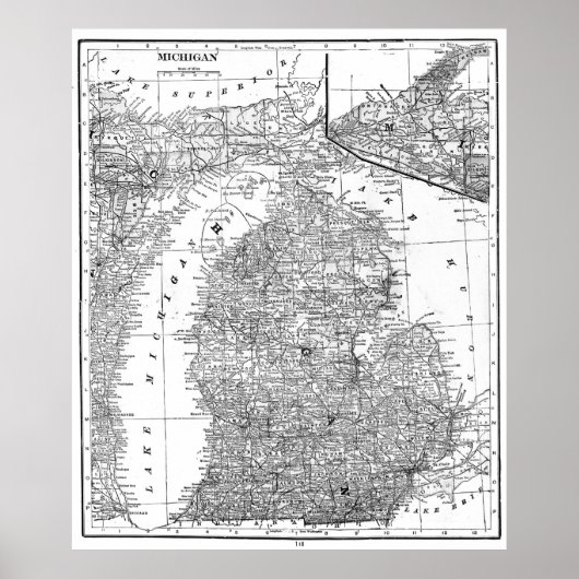 ヴィンテージミシガンの地図（1909年） BW ポスター (正面)