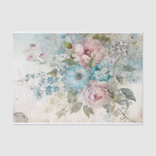 ヴィンテージミックスメディアブルー、ピンク、白い花 薄葉紙 (正面)