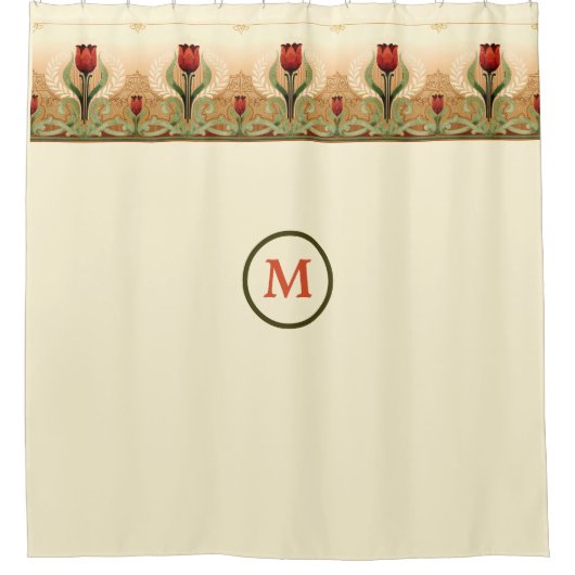 ヴィンテージミッションスタイルレッドチューリップフリーズ シャワーカーテン (正面)
