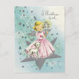 ヴィンテージミッドセンチュリークリスマスエンジェルとラム シーズンポストカード