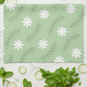 ヴィンテージミッドセンチュリーグリーン白い花柄 キッチンタオル (折り畳み)