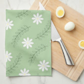 ヴィンテージミッドセンチュリーグリーン白い花柄 キッチンタオル (四つ折り)
