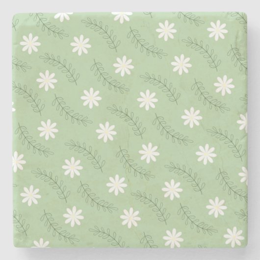 ヴィンテージミッドセンチュリーグリーン白い花柄 ストーンコースター (正面)