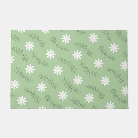 ヴィンテージミッドセンチュリーグリーン白い花柄 ドアマット (正面)