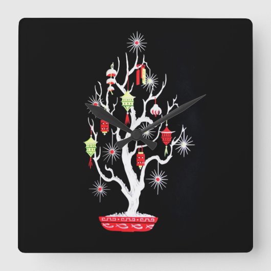 ヴィンテージミッドセンチュリーモダンアジアのクリスマスツリー スクエア壁時計 (正面)