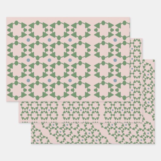 ヴィンテージミッドセンチュリー赤面ピンク、セージ&ブルー ラッピングペーパーシート (セット)