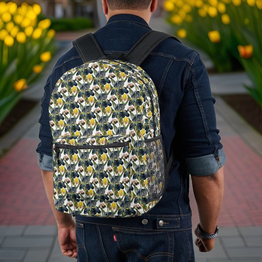 ヴィンテージミッドナイトブルーとイエローアイリスパターン プリントバックパック