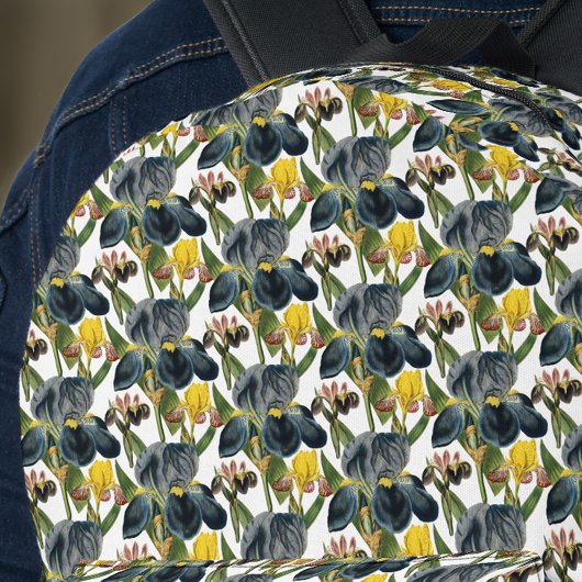 ヴィンテージミッドナイトブルーとイエローアイリスパターン プリントバックパック