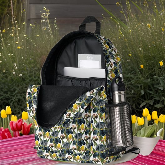 ヴィンテージミッドナイトブルーとイエローアイリスパターン プリントバックパック