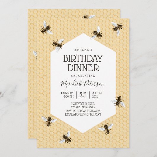 ヴィンテージミツバチ誕生日ディナー 招待状 (正面/裏面)