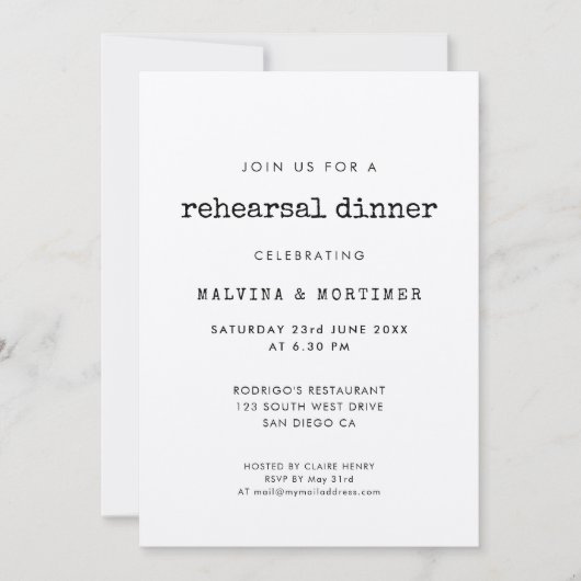 ヴィンテージミニマルなタイプライターリハーサル晩餐会 招待状 (正面)