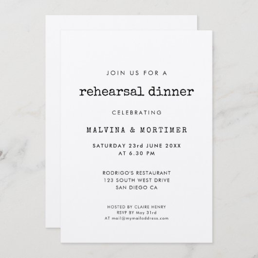 ヴィンテージミニマルなタイプライターリハーサル晩餐会 招待状 (正面/裏面)