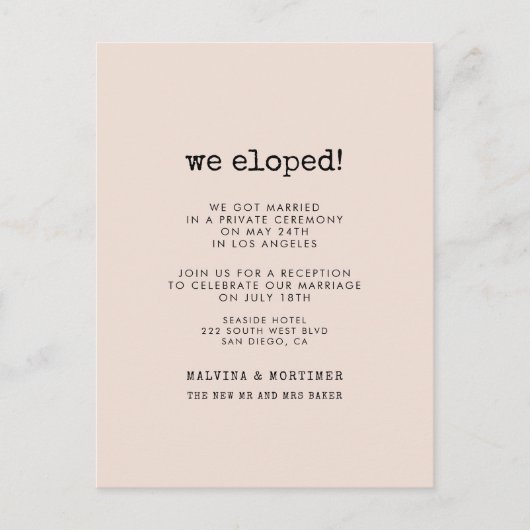 ヴィンテージミニマル書体たった今結婚しました ポストカード (正面)