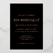 ヴィンテージミニマル結婚タイプライターのバラ金ゴールド 箔招待状 (正面)