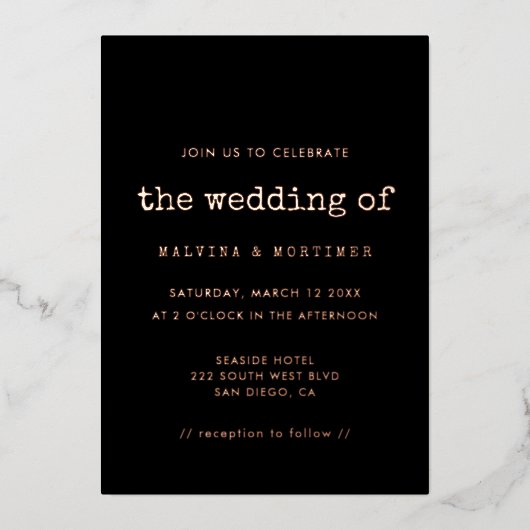 ヴィンテージミニマル結婚タイプライターのバラ金ゴールド 箔招待状 (正面)