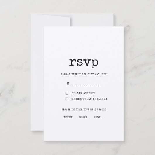 ヴィンテージミニマル結婚主義タイプライターの食事の選択 出欠カード (正面)