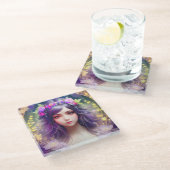 ヴィンテージミュシャスタイルビューティフルウーマンポートレート ガラスコースター (アングル)