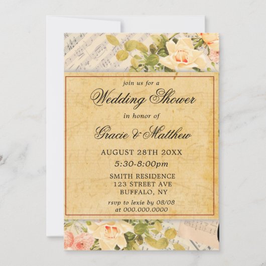 ヴィンテージミュージカルフローラウェディングシャワー招待状 (正面)