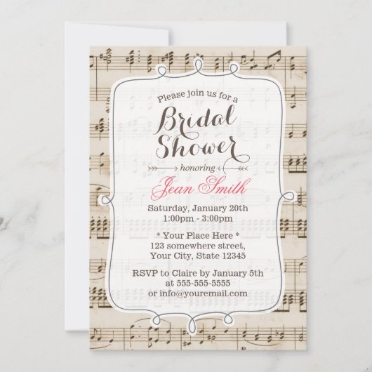 ヴィンテージミュージックシートブライダルシャワー招待状 招待状 (正面)
