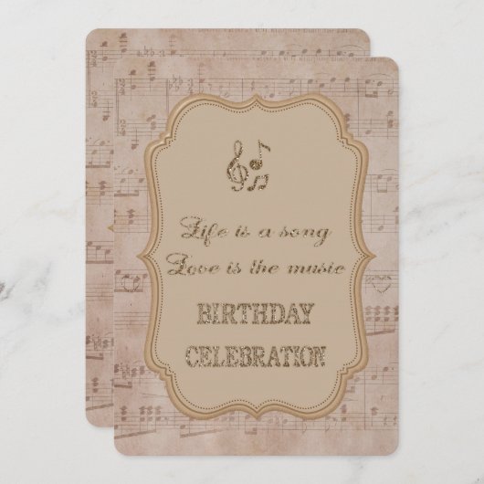 ヴィンテージミュージックシート金ゴールド誕生日パーティーへの招待 招待状 (正面/裏面)