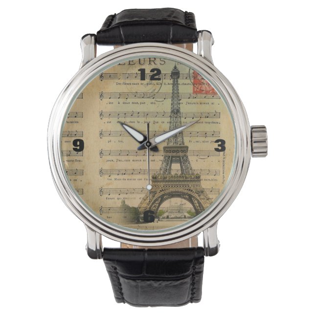 ヴィンテージミュージックノートフランスのパリエッフェルタワー 腕時計 (正面)