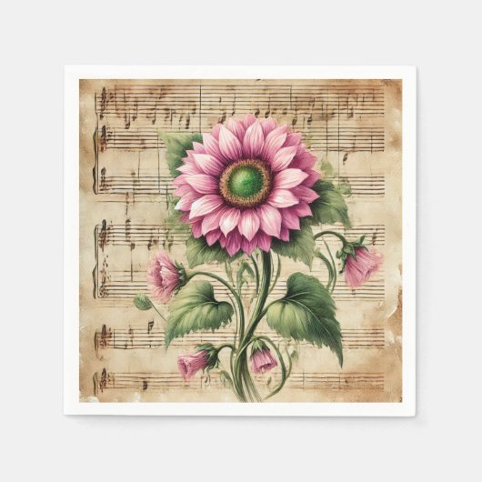 ヴィンテージミュージックピンク&グリーンサンフラワーデコップページ スタンダードカクテルナプキン (正面)