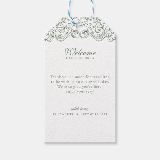 ヴィンテージミュートされた緑の華美フレームへようこそ ギフトタグ (正面)